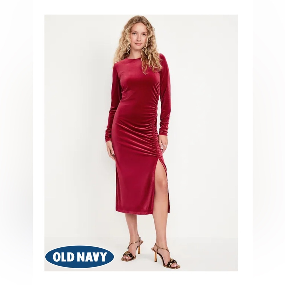 Ruched Velvet Midi Dress